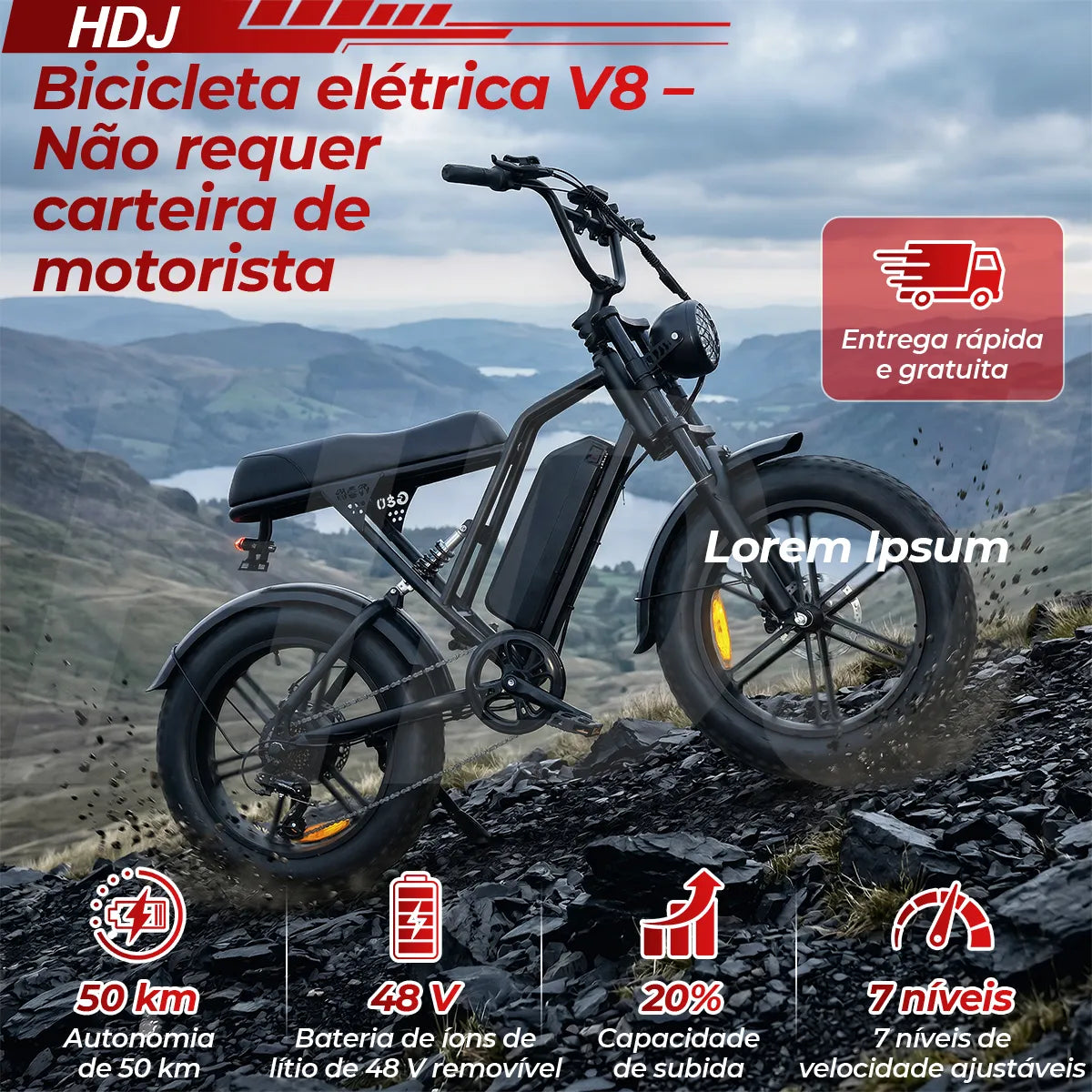 HDJ V8 Bicicleta Elétrica 1000W de Alta Potência • Entrega no Brasil 🇧🇷